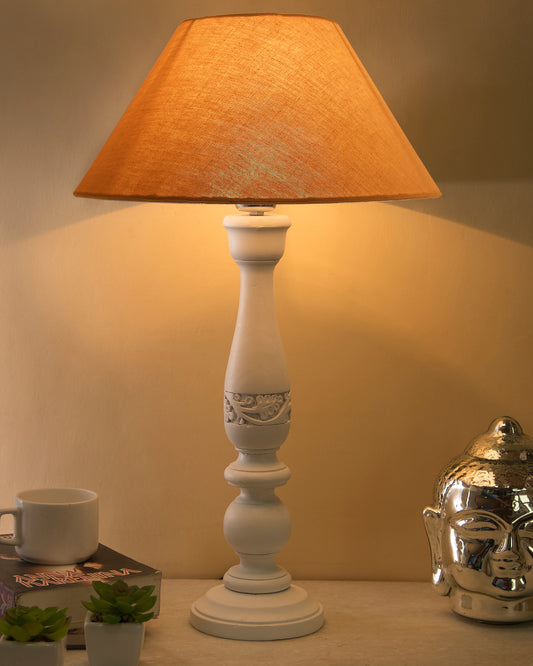 Floral Carved White Wood Table Lamp With Shade