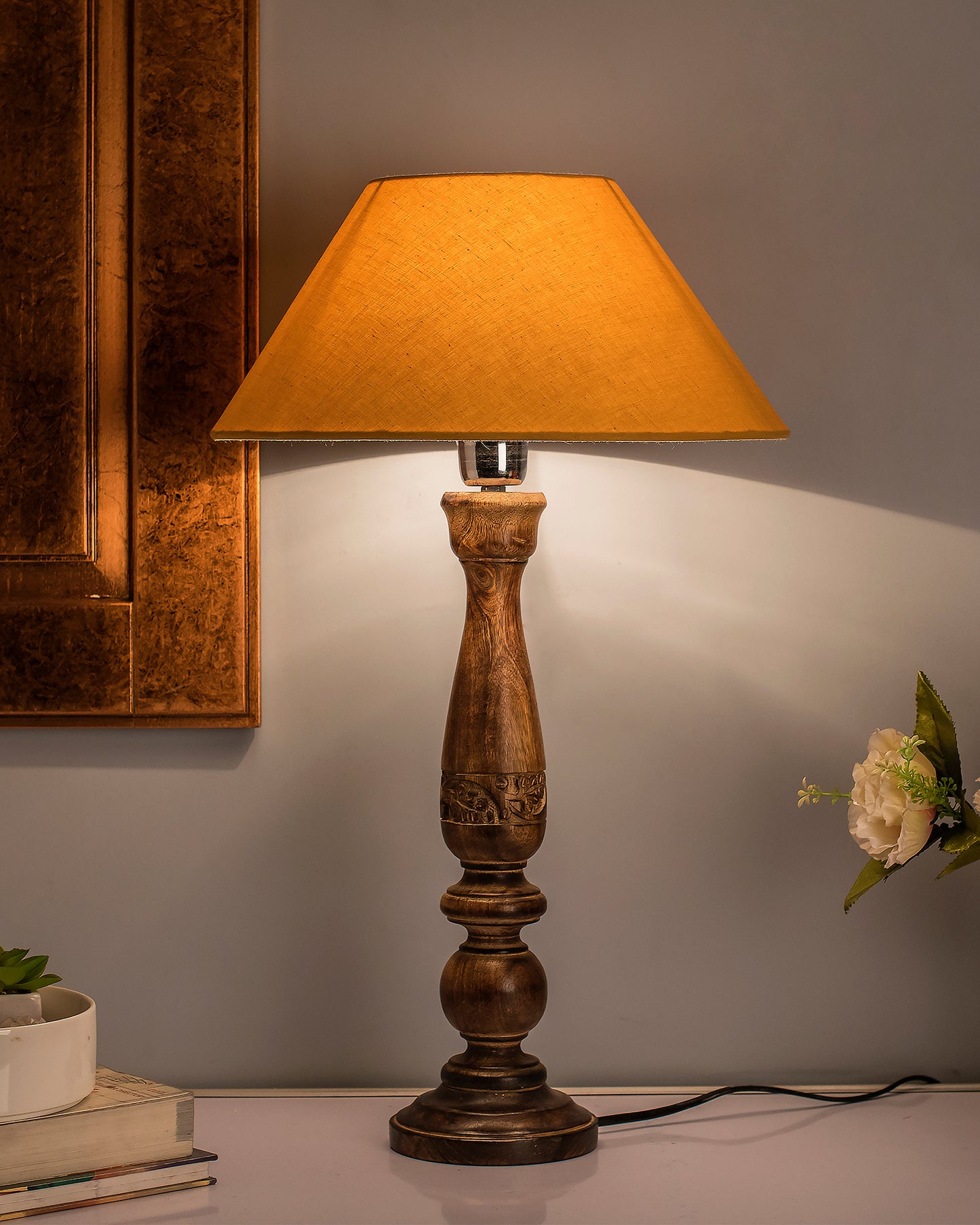 Floral Carved Black Wood Table Lamp With Shade
