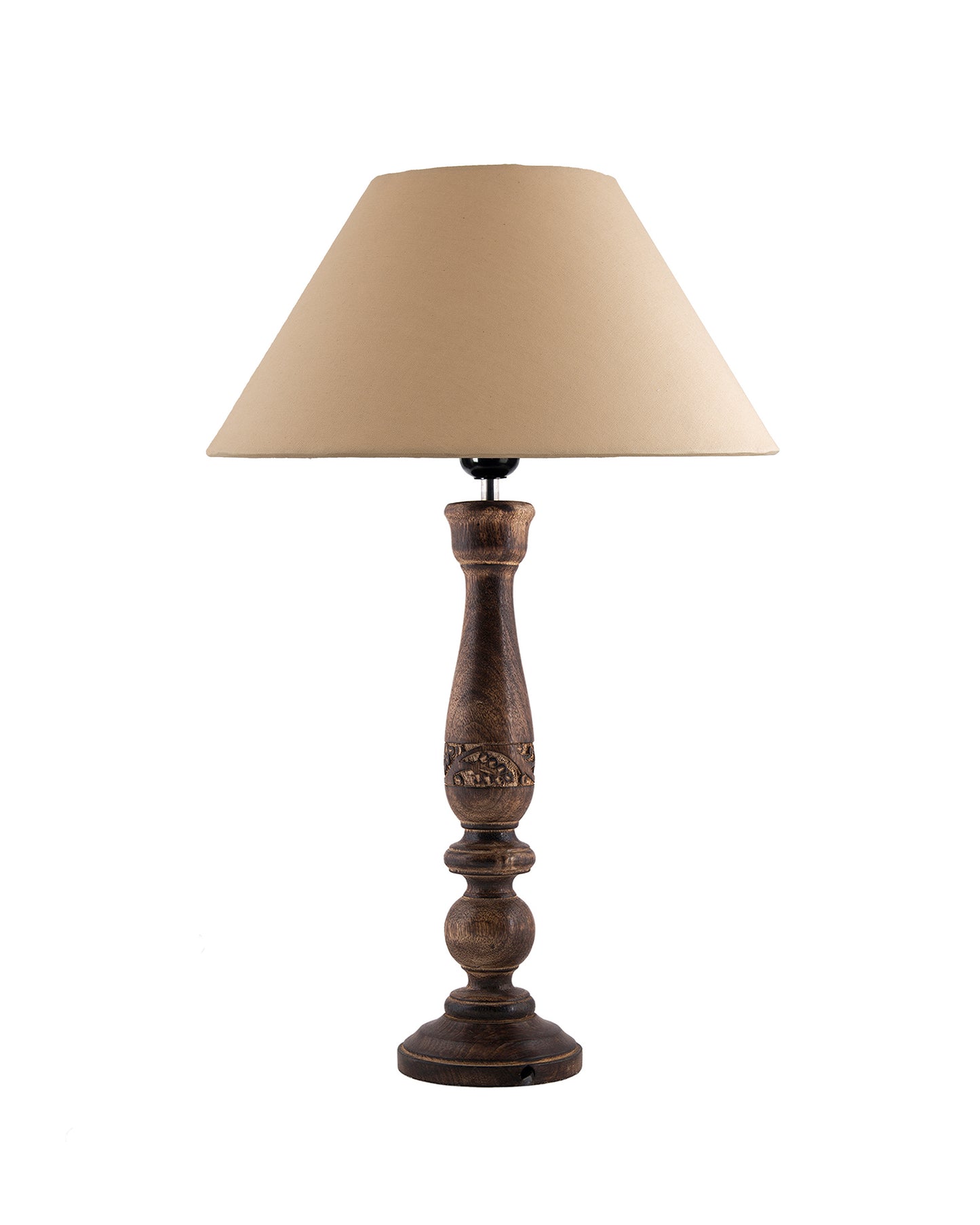 Floral Carved Black Wood Table Lamp With Shade