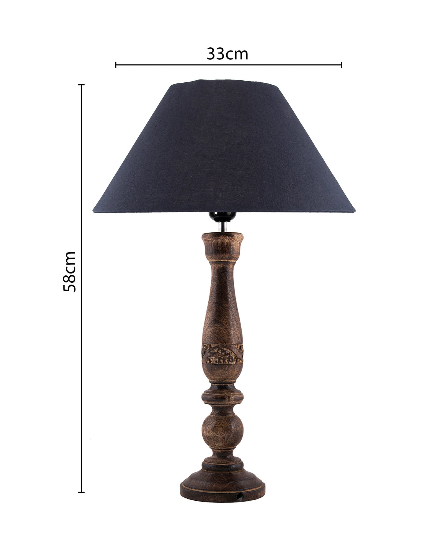 Floral Carved Black Wood Table Lamp With Shade