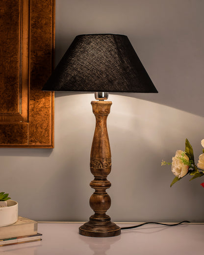 Floral Carved Black Wood Table Lamp With Shade