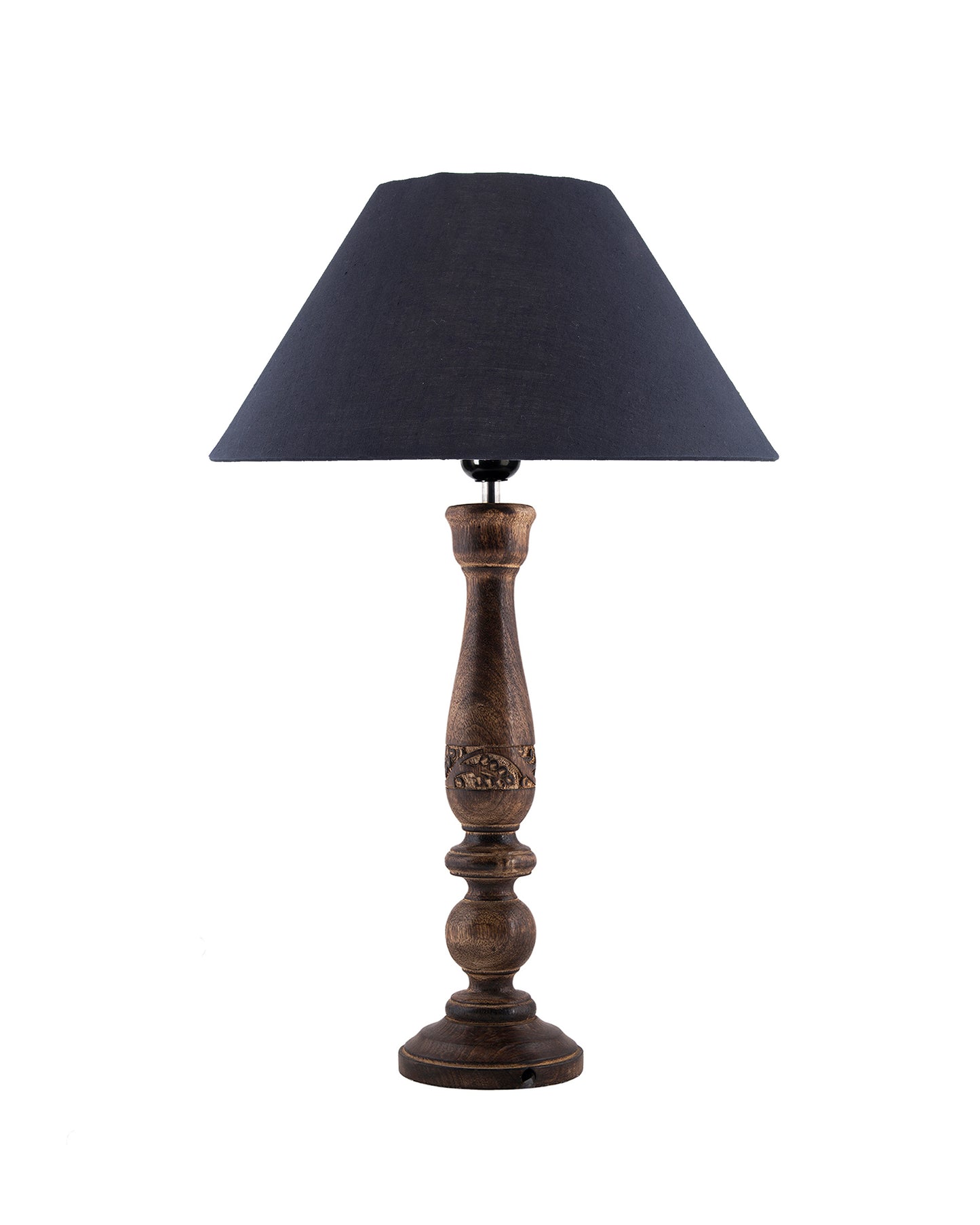Floral Carved Black Wood Table Lamp With Shade