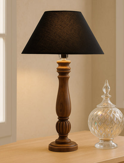Classic Victorian Black Wood Table Lamp with Golden Shade
