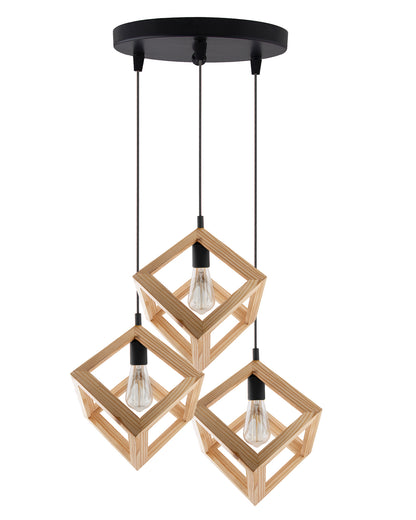 3-Lights Round Cluster Chandelier Modern Nordic Wooden Pendant Cube Light with Silicone Holder, URBAN Retro, Nordic Style, LED/Filament Bulb