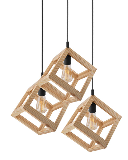 3-Lights Round Cluster Chandelier Modern Nordic Wooden Pendant Cube Light with Silicone Holder, URBAN Retro, Nordic Style, LED/Filament Bulb