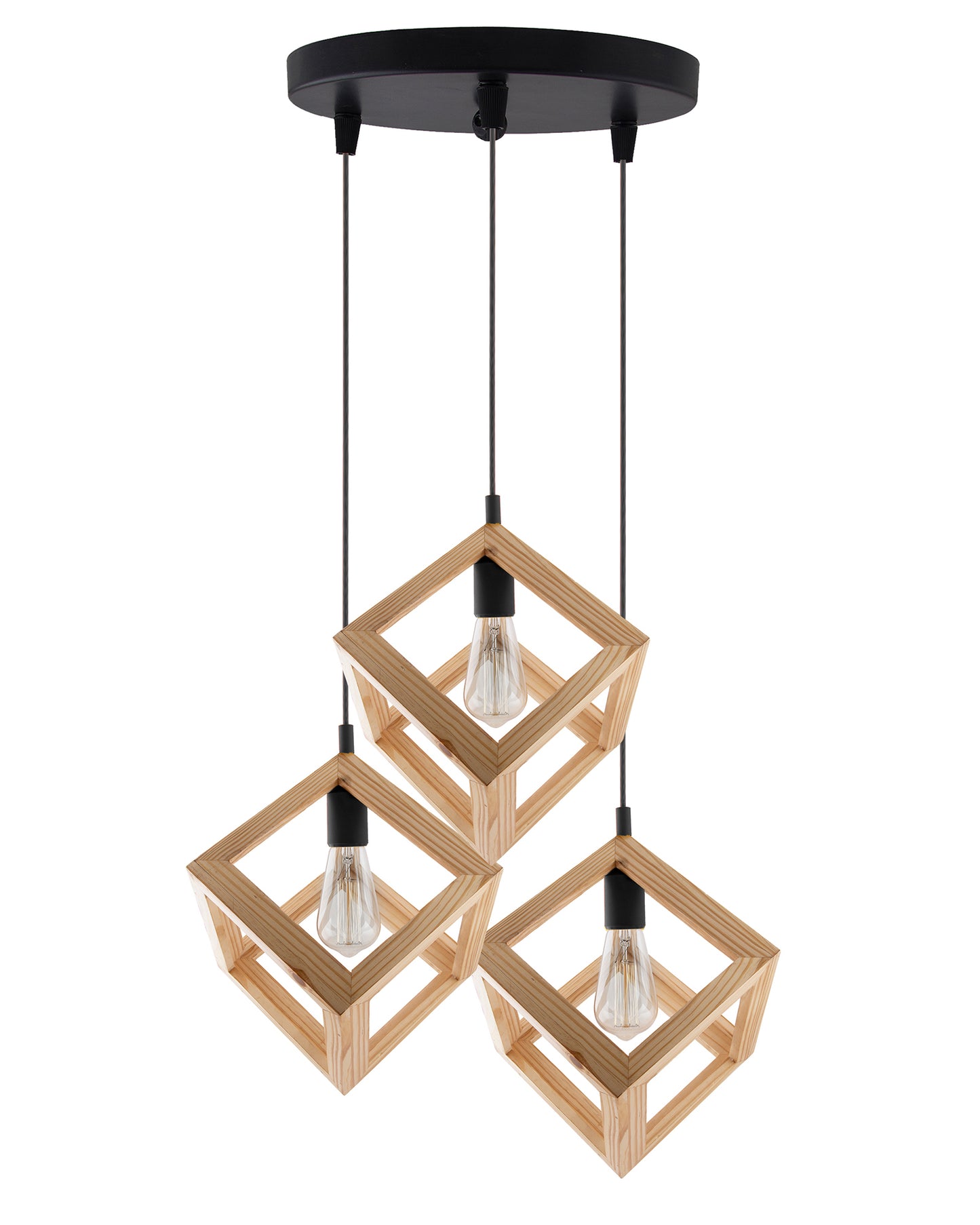 3-Lights Round Cluster Chandelier Modern Nordic Wooden Pendant Cube Light with Silicone Holder, URBAN Retro, Nordic Style, LED/Filament Bulb