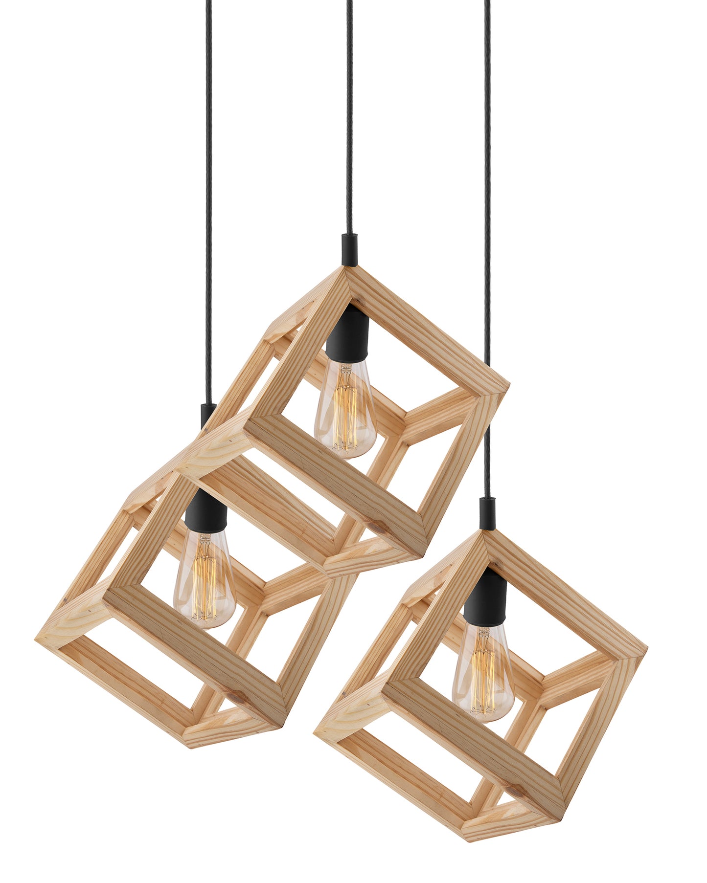 3-Lights Round Cluster Chandelier Modern Nordic Wooden Pendant Cube Light with Silicone Holder, URBAN Retro, Nordic Style, LED/Filament Bulb