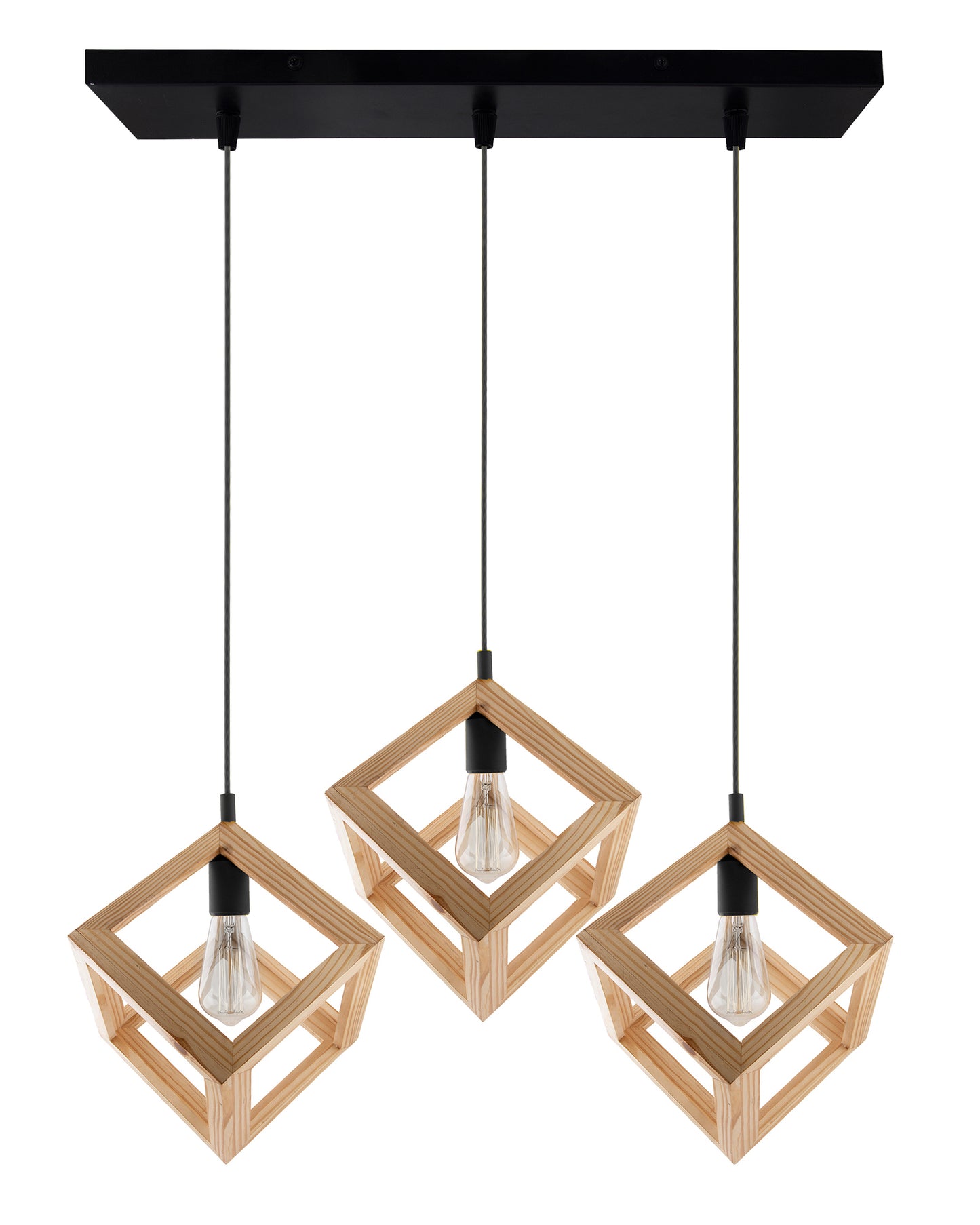 3-Lights Linear Cluster Chandelier Modern Nordic Wooden Pendant Cube Light with Silicone Holder Pendant Light, Kitchen Area ad Dining Room Light, LED/Filament Light