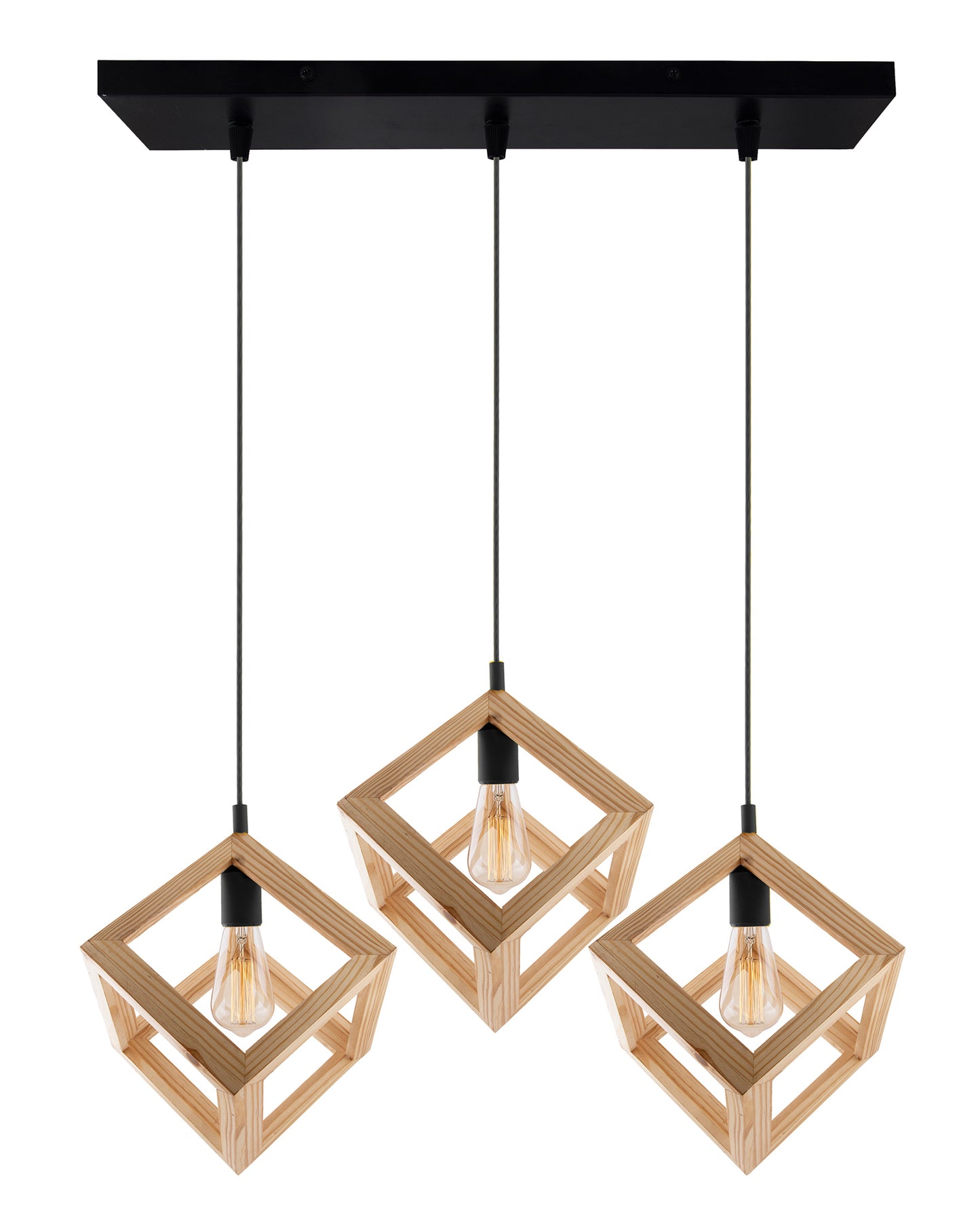 3-Lights Linear Cluster Chandelier Modern Nordic Wooden Pendant Cube Light with Silicone Holder Pendant Light, Kitchen Area ad Dining Room Light, LED/Filament Light