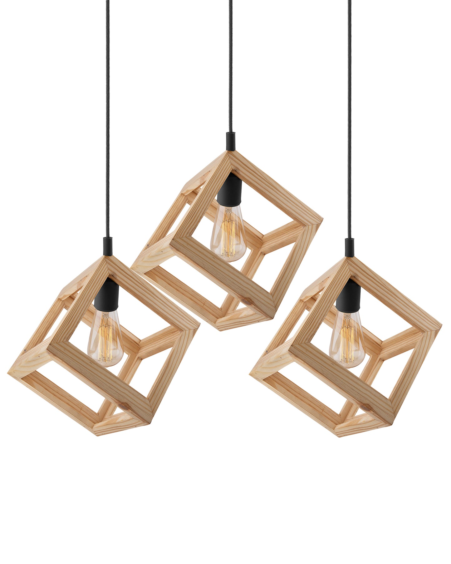 3-Lights Linear Cluster Chandelier Modern Nordic Wooden Pendant Cube Light with Silicone Holder Pendant Light, Kitchen Area ad Dining Room Light, LED/Filament Light