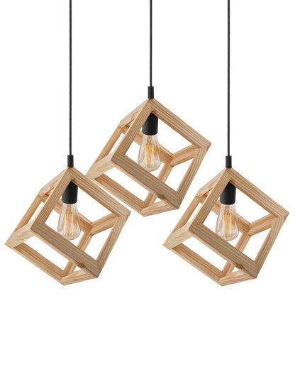 3-Lights Linear Cluster Chandelier Modern Nordic Wooden Pendant Cube Light with Silicone Holder Pendant Light, Kitchen Area ad Dining Room Light, LED/Filament Light