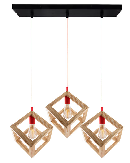 3-Lights Linear Cluster Chandelier Modern Nordic Wooden Pendant Cube Light with Silicone Holder Pendant Light, Kitchen Area ad Dining Room Light, LED/Filament Light