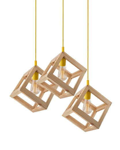 3-Lights Round Cluster Chandelier Modern Nordic Wooden Pendant Cube Light with Silicone Holder, URBAN Retro, Nordic Style, LED/Filament Bulb