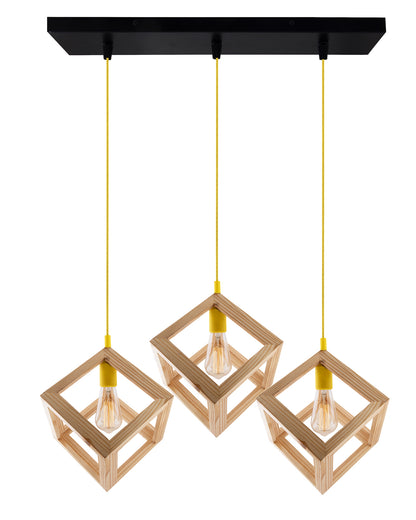 3-Lights Linear Cluster Chandelier Modern Nordic Wooden Pendant Cube Light with Silicone Holder Pendant Light, Kitchen Area ad Dining Room Light, LED/Filament Light