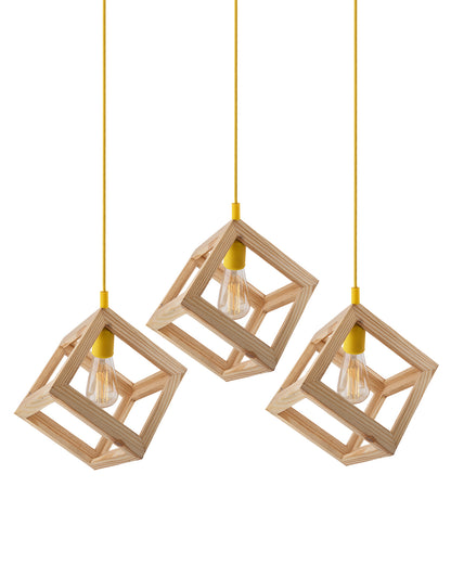 3-Lights Linear Cluster Chandelier Modern Nordic Wooden Pendant Cube Light with Silicone Holder Pendant Light, Kitchen Area ad Dining Room Light, LED/Filament Light