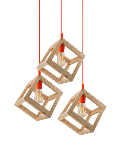 3-Lights Round Cluster Chandelier Modern Nordic Wooden Pendant Cube Light with Silicone Holder, URBAN Retro, Nordic Style, LED/Filament Bulb