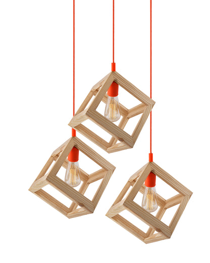 3-Lights Round Cluster Chandelier Modern Nordic Wooden Pendant Cube Light with Silicone Holder, URBAN Retro, Nordic Style, LED/Filament Bulb