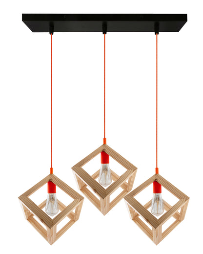 3-Lights Linear Cluster Chandelier Modern Nordic Wooden Pendant Cube Light with Silicone Holder Pendant Light, Kitchen Area ad Dining Room Light, LED/Filament Light