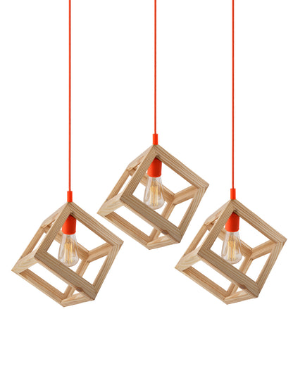 3-Lights Linear Cluster Chandelier Modern Nordic Wooden Pendant Cube Light with Silicone Holder Pendant Light, Kitchen Area ad Dining Room Light, LED/Filament Light