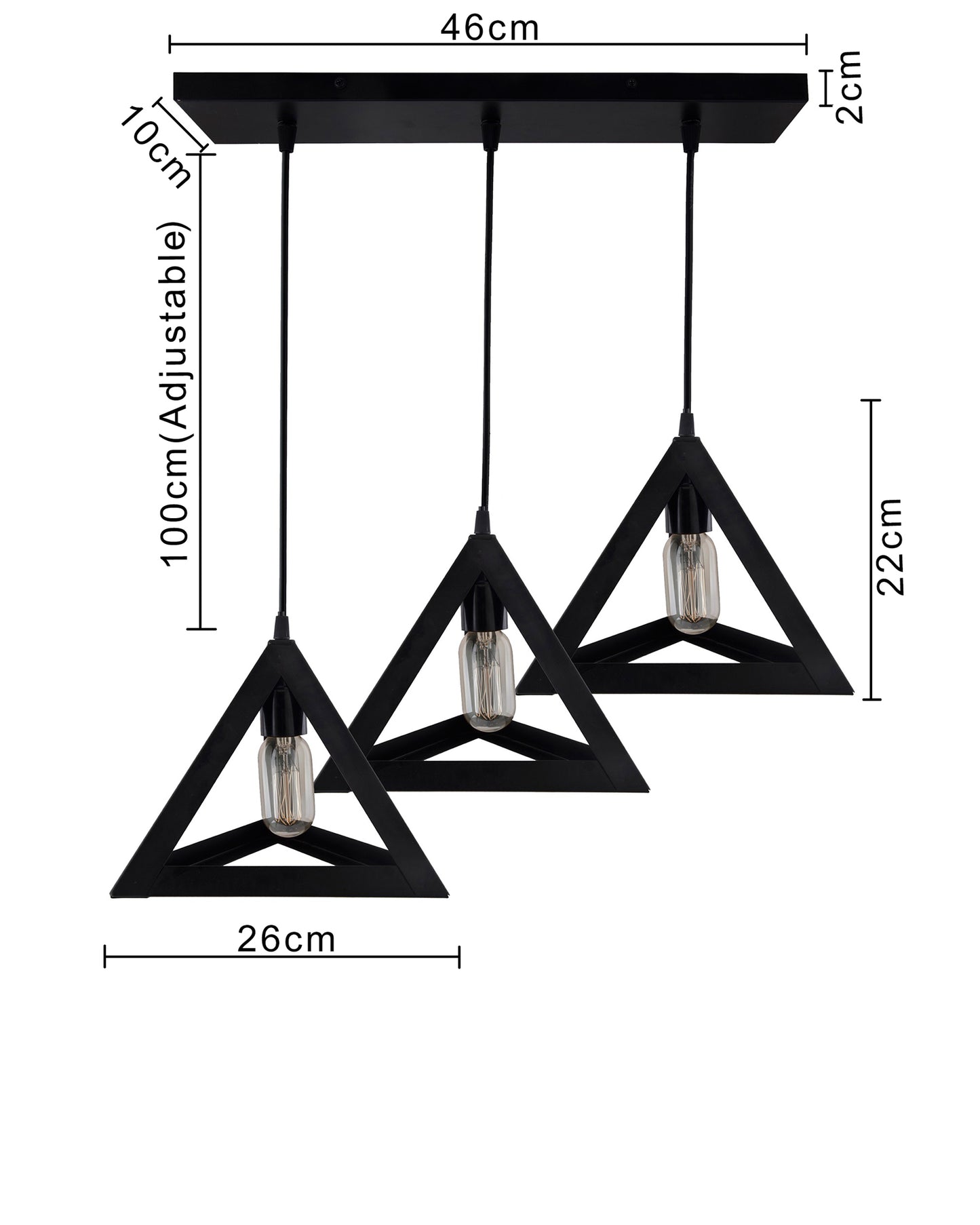 3-Lights Cluster Chandelier Triangle 6", E27 Holder, Decorative, Black, URBAN Retro, Nordic Style, LED/Filament Bulb