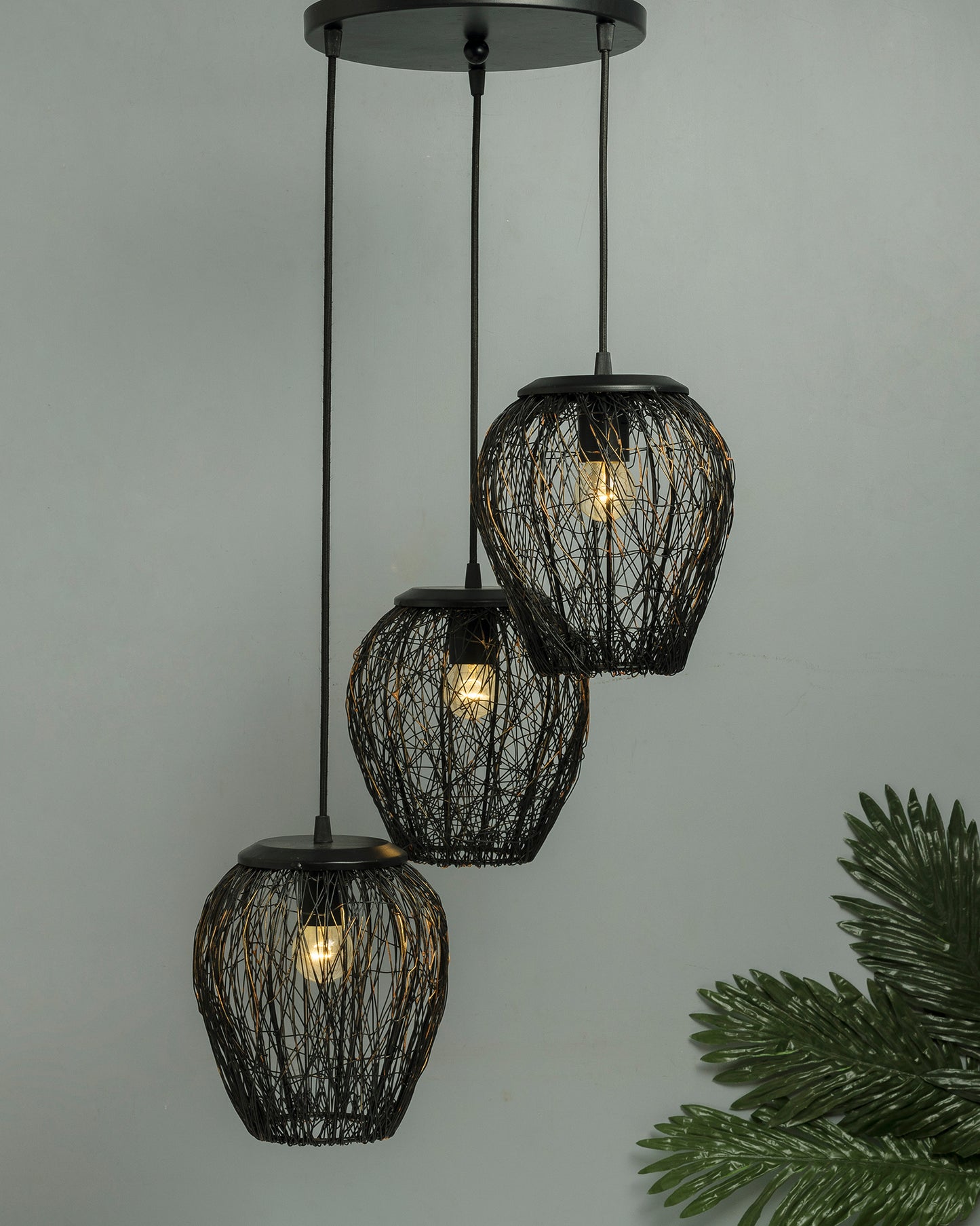 3-Lights Cluster Chandelier Black Steel Wire Mesh Pendant, Decorative, Black, URBAN Retro, Nordic Style, LED/Filament Bulb