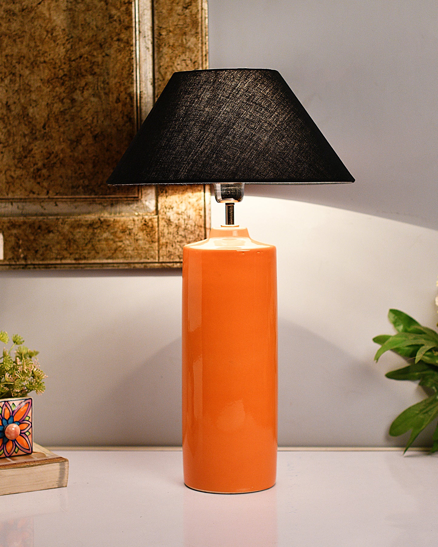 Ceramic Base Orange Table Lamp with Cone Shade, LED Bulb