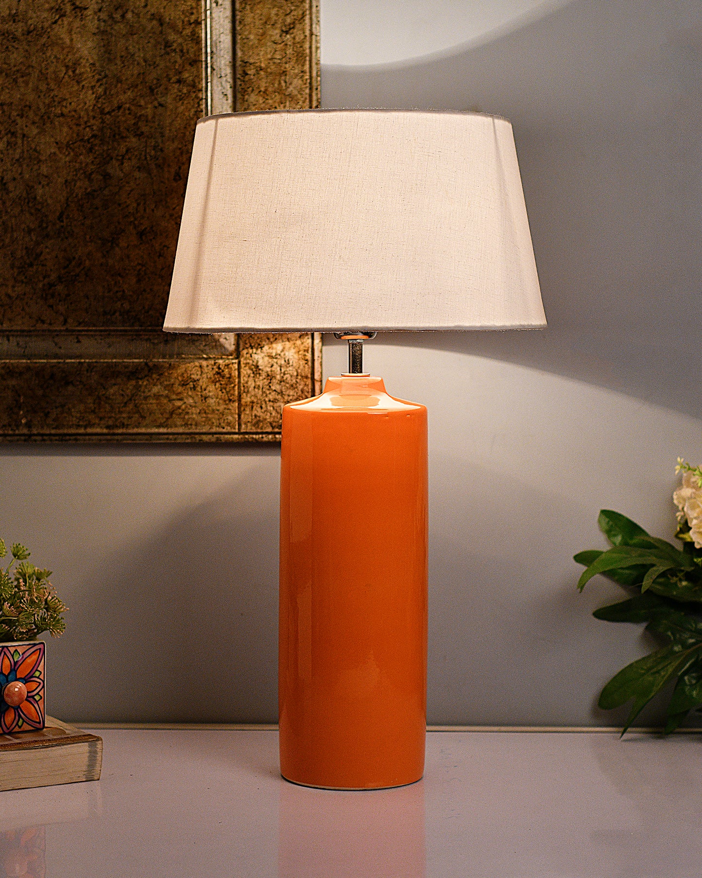 Ceramic Base Orange Table Lamp with Drum Shade, LED Bulb