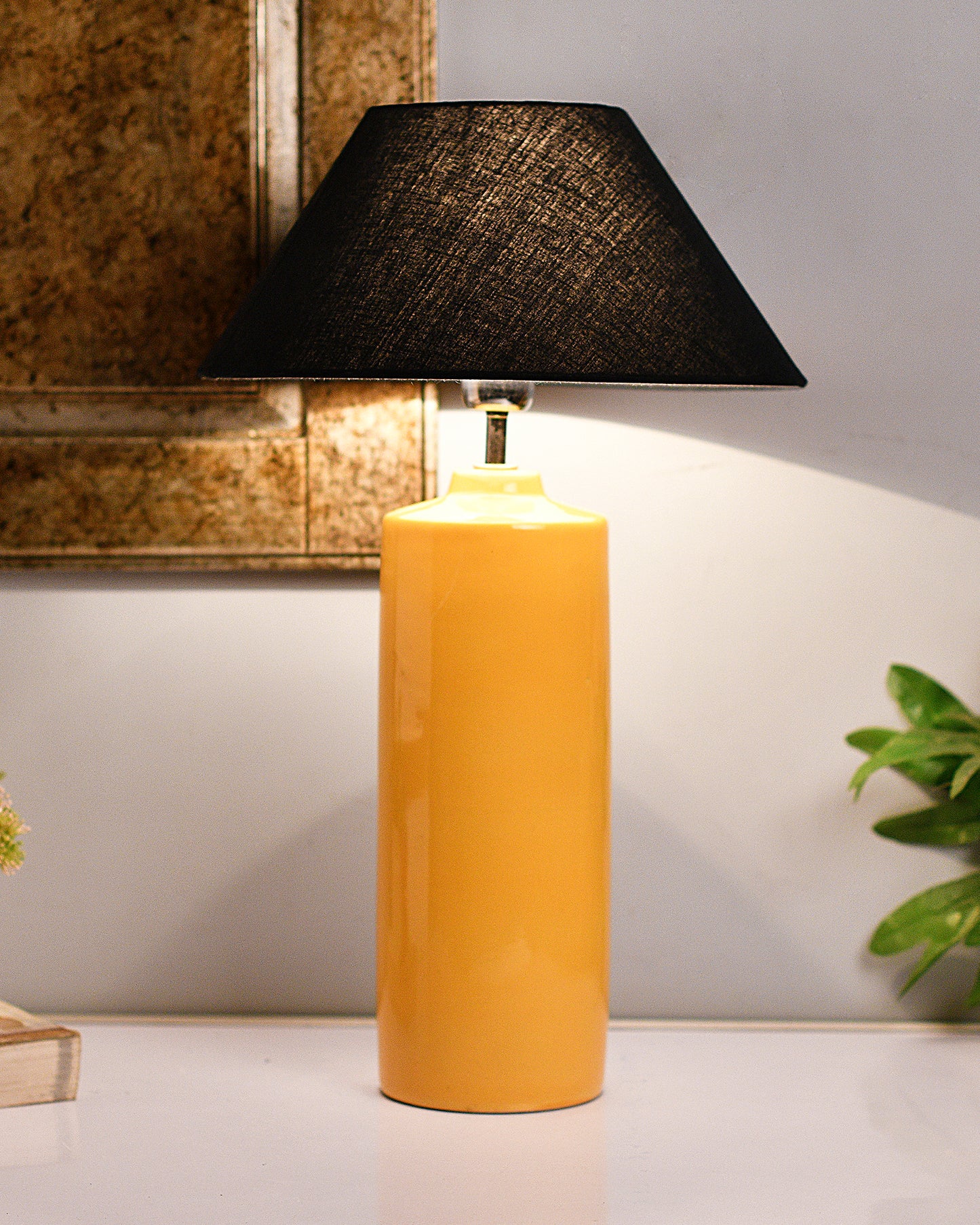 Ceramic Base Yellow Table Lamp with Cone Shade, LED Bulb