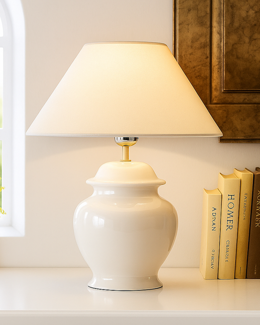 White Glossy Ceramic Pot Shaped Base Table Lamp with White Cone Shade E-27 Bulb
