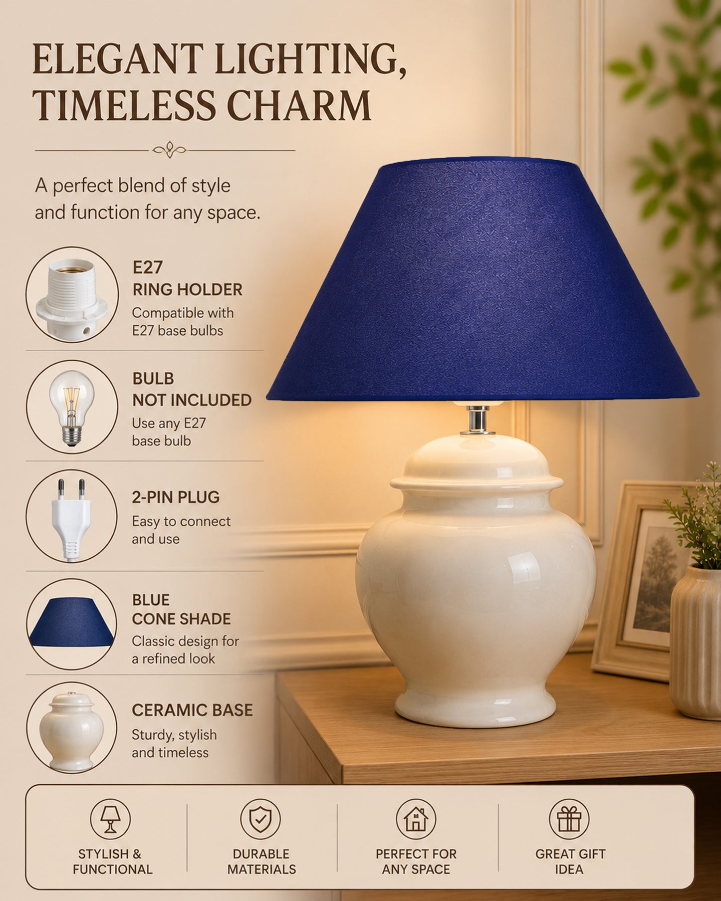 White Glossy Ceramic Pot Shaped Base Table Lamp with White Cone Shade E-27 Bulb