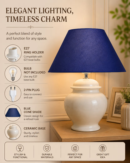 White Glossy Ceramic Pot Shaped Base Table Lamp with White Cone Shade E-27 Bulb