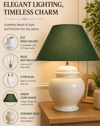 White Glossy Ceramic Pot Shaped Base Table Lamp with White Cone Shade E-27 Bulb