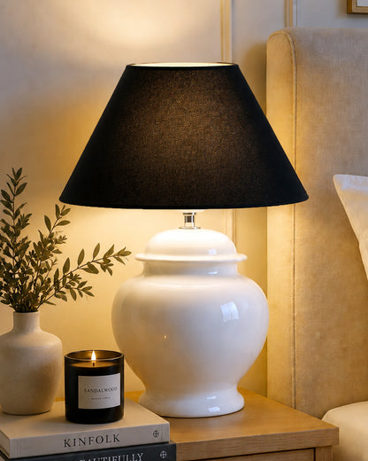 White Glossy Ceramic Pot Shaped Base Table Lamp with White Cone Shade E-27 Bulb