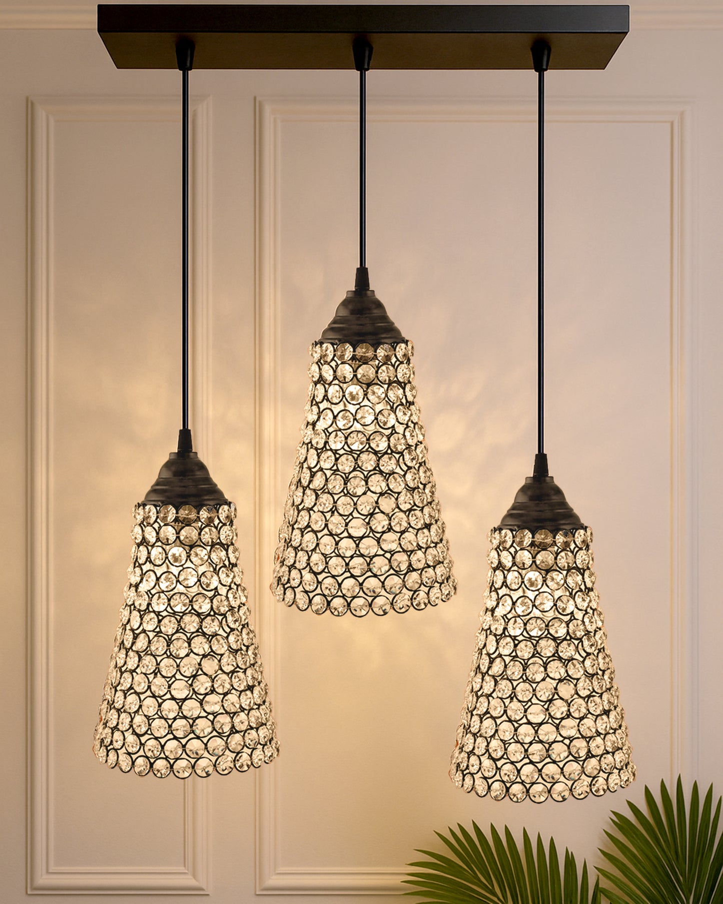 3-lights Linear Cluster Chandelier Crystal Cone Hanging Pendant Light with Braided Cord