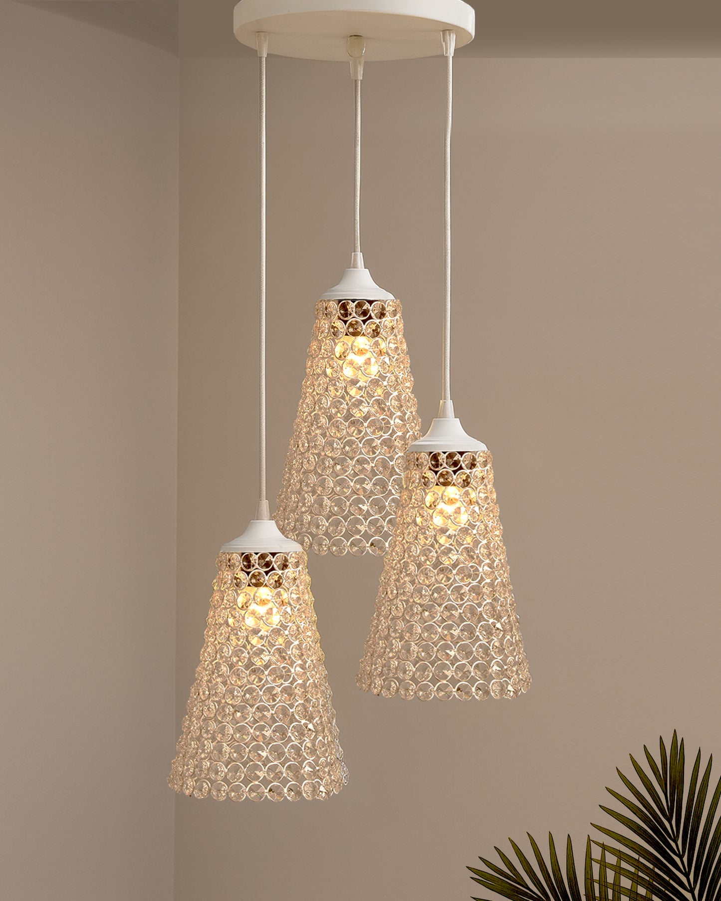 3-lights Round Cluster Chandelier  Crystal Cone Hanging Pendant Light with Braided Cord
