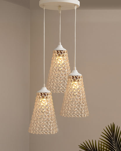3-lights Round Cluster Chandelier  Crystal Cone Hanging Pendant Light with Braided Cord