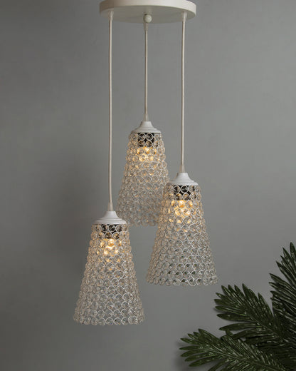 3-lights Round Cluster Chandelier  Crystal Cone Hanging Pendant Light with Braided Cord