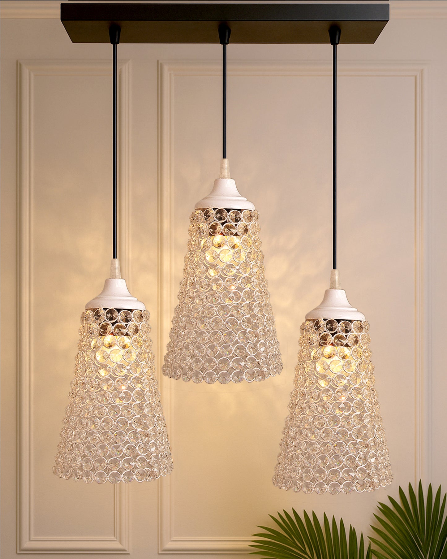 3-lights Linear Cluster Chandelier Crystal Cone Hanging Pendant Light with Braided Cord