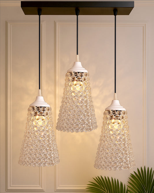 3-lights Linear Cluster Chandelier Crystal Cone Hanging Pendant Light with Braided Cord