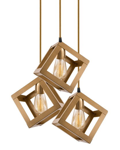 3-lights Round Cluster Chandelier Golden Hanging Cube 6", Hanging Pendant Light with Braided Cord, URBAN Retro, nordic style, LED/filament bulb