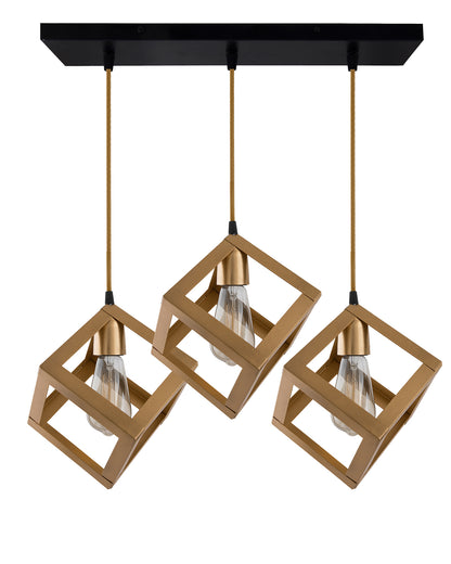 3-lights Linear Cluster Chandelier Golden Hanging Cube 6" Pendant Light, kitchen area and dining room light