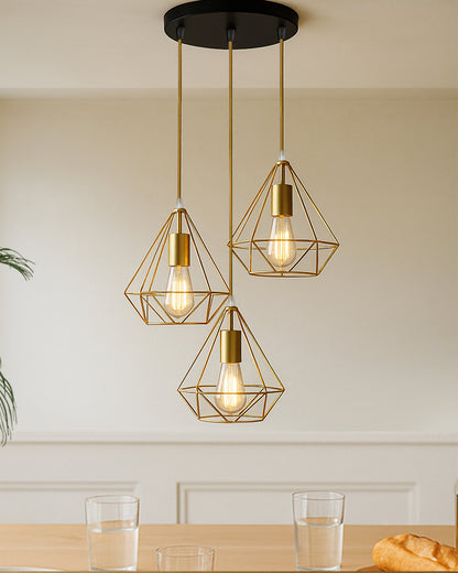 3-lights Round Chandelier Golden Diamond Hanging Pendant Light with Braided Cord