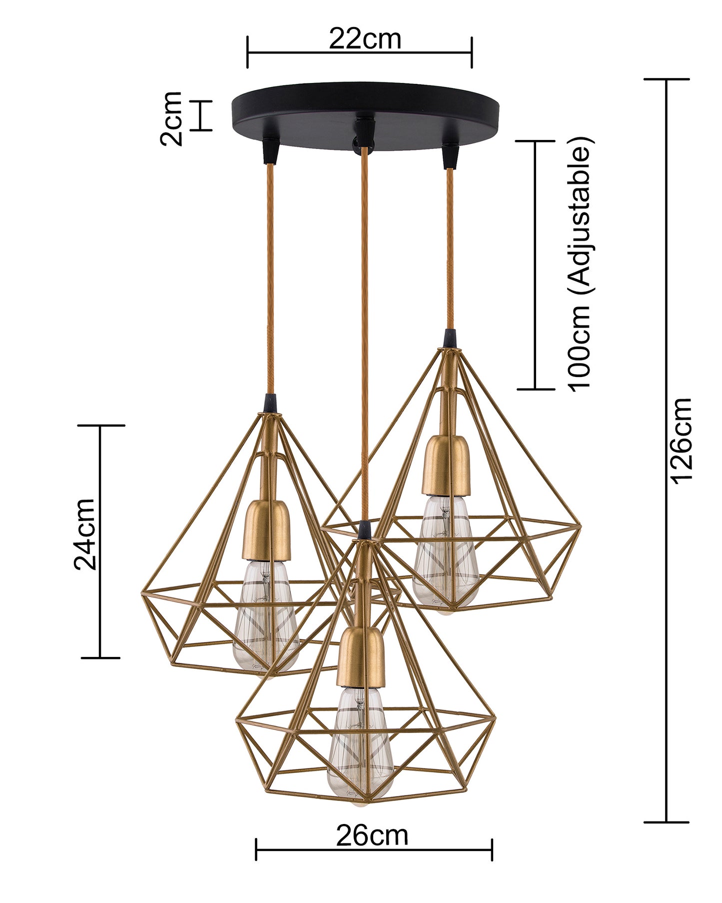 3-lights Round Chandelier Golden Diamond Hanging Pendant Light with Braided Cord