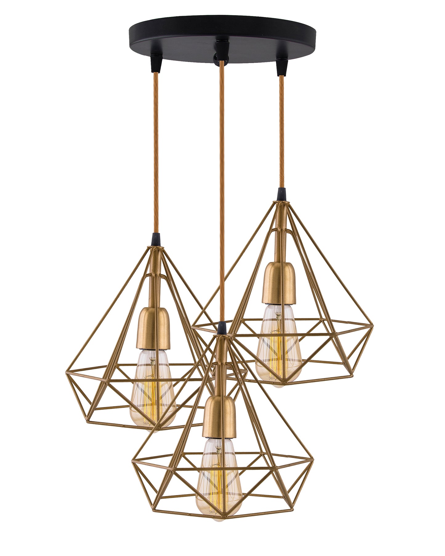 3-lights Round Chandelier Golden Diamond Hanging Pendant Light with Braided Cord
