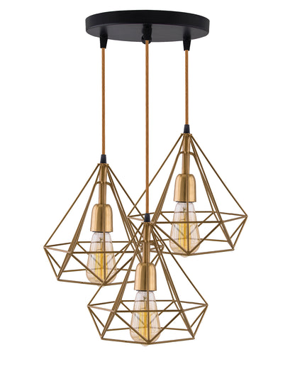 3-lights Round Chandelier Golden Diamond Hanging Pendant Light with Braided Cord