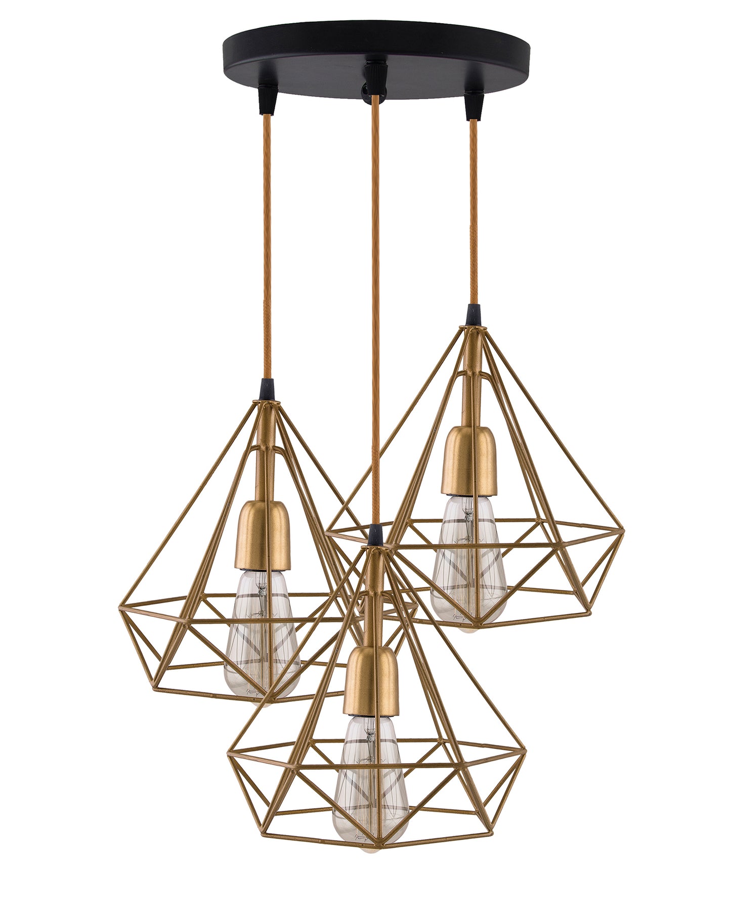 3-lights Round Chandelier Golden Diamond Hanging Pendant Light with Braided Cord