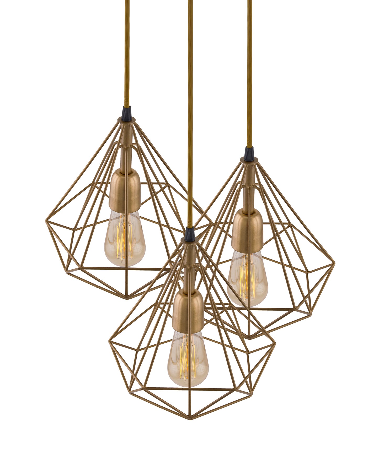 3-lights Round Chandelier Golden Diamond Hanging Pendant Light with Braided Cord