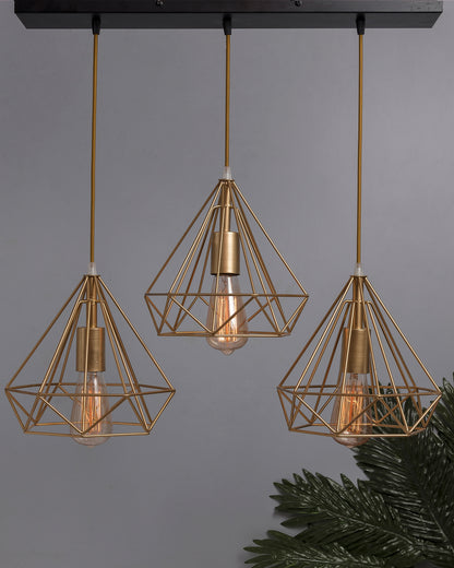 3-lights Linear Cluster Chandelier Golden Diamond hanging Pendant Light, kitchen area and dining room light