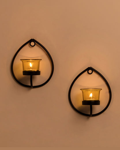 Set of 2 Decorative Black Drop Wall Sconce/Candle Holder With Glass and Free T-light Candles