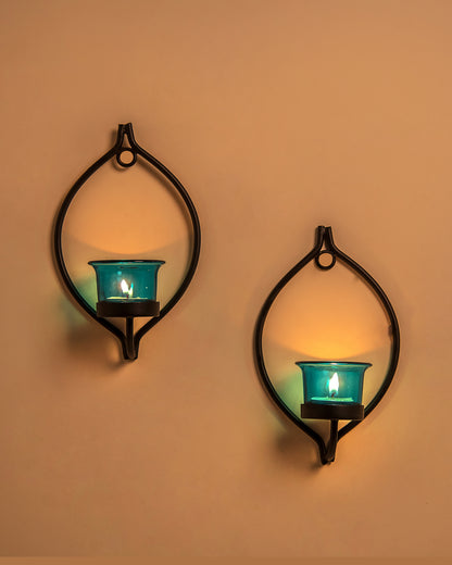 Set of 2 Decorative Black Drop Wall Sconce/Candle Holder With Glass and Free T-light Candles